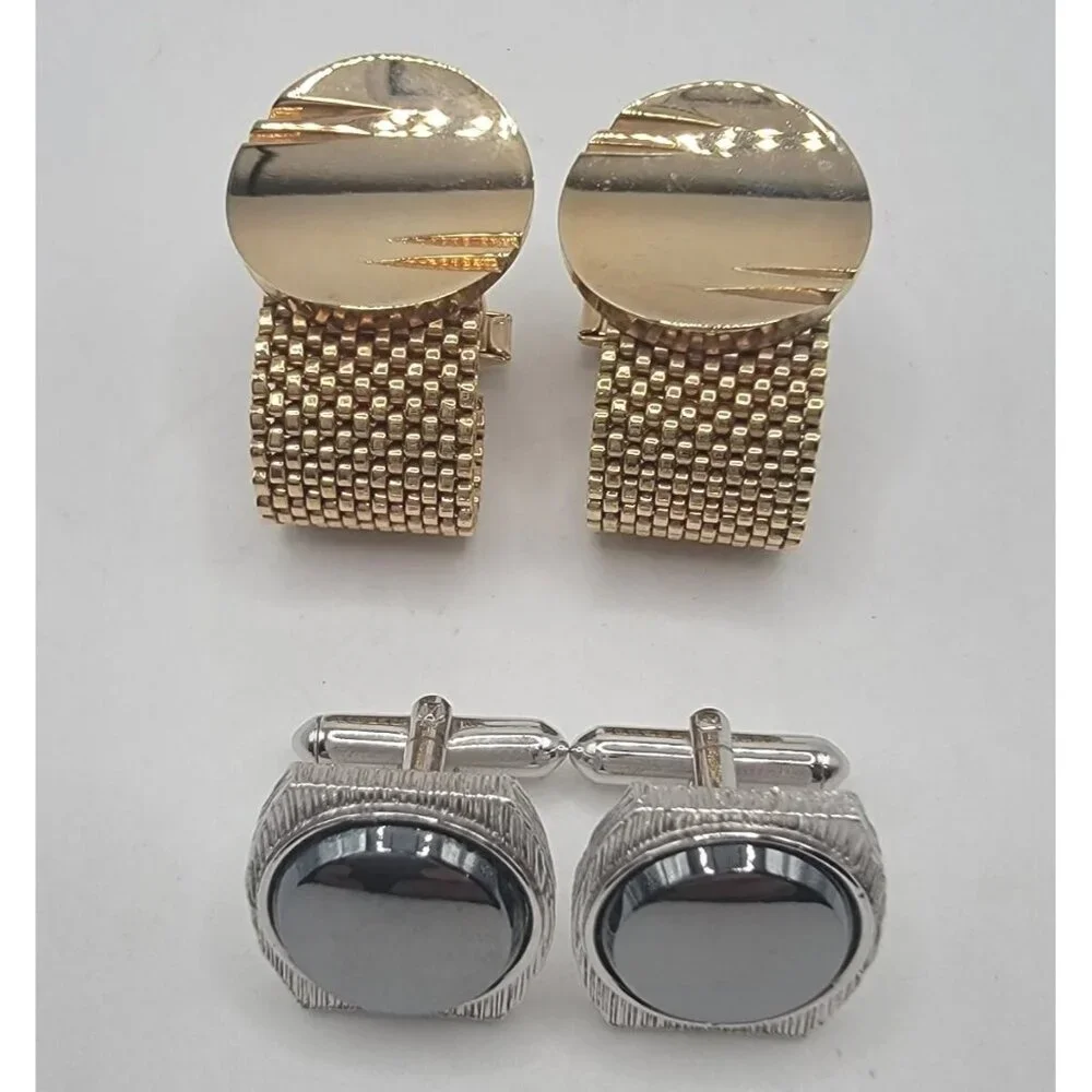 Vintage‎ Cuff Links Cufflinks Two Pair Black / Silver and Gold Tone Classic Look
